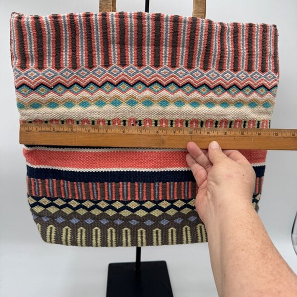 J Jill Multicolored Woven Cotton Tote Bag with Wood Handles Boho bohemian summer - Picture 8 of 15